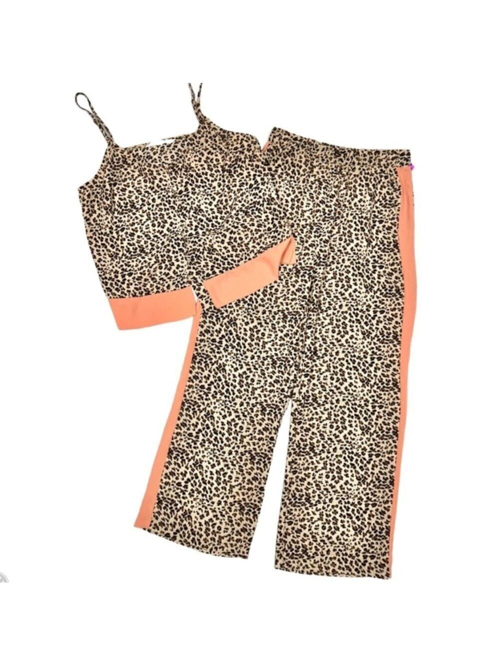 BB Dakota 2 piece silky Leopard Print coral stripe wide leg animal print Set xs